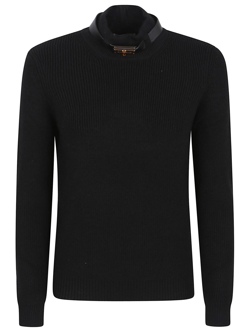 Elisabetta Franchi Wool Blend Black Sweater With Amber Tortoiseshell Detail In Black