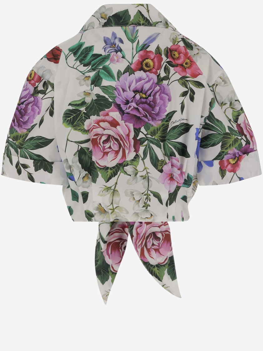 Dolce & Gabbana Multicolor Crop Shirt With All-over Floral Motif And Logo Lettering Detail On The Front In Cotton Wo In Multicolor