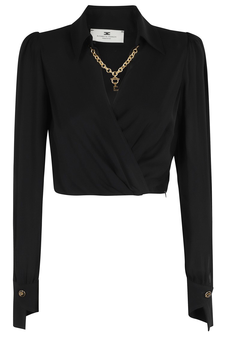 Elisabetta Franchi Blouse In Georgette Fabric With Jewel Detail In Black