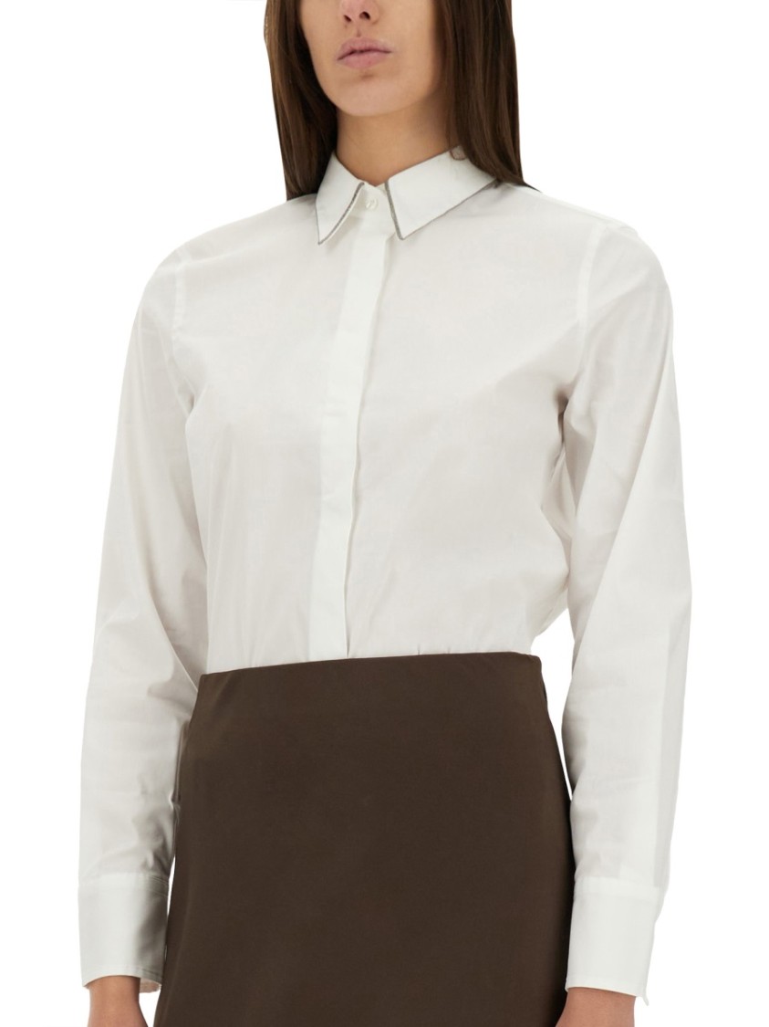 Brunello Cucinelli Women's Cotton Poplin Shirt W Monili Trim At Collar In White