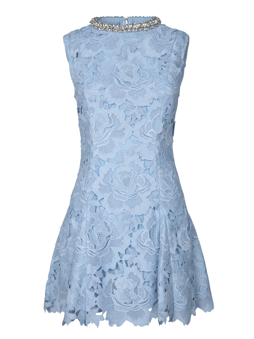 Self-portrait Bue Crewneck Mini Dress With Rhinestoned Collar And All-over Floral Lace Embroidery In Tech Fabric W In Blue