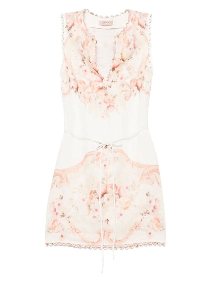Twinset Twin-set Floral Print Mini Dress With Cinched Waist