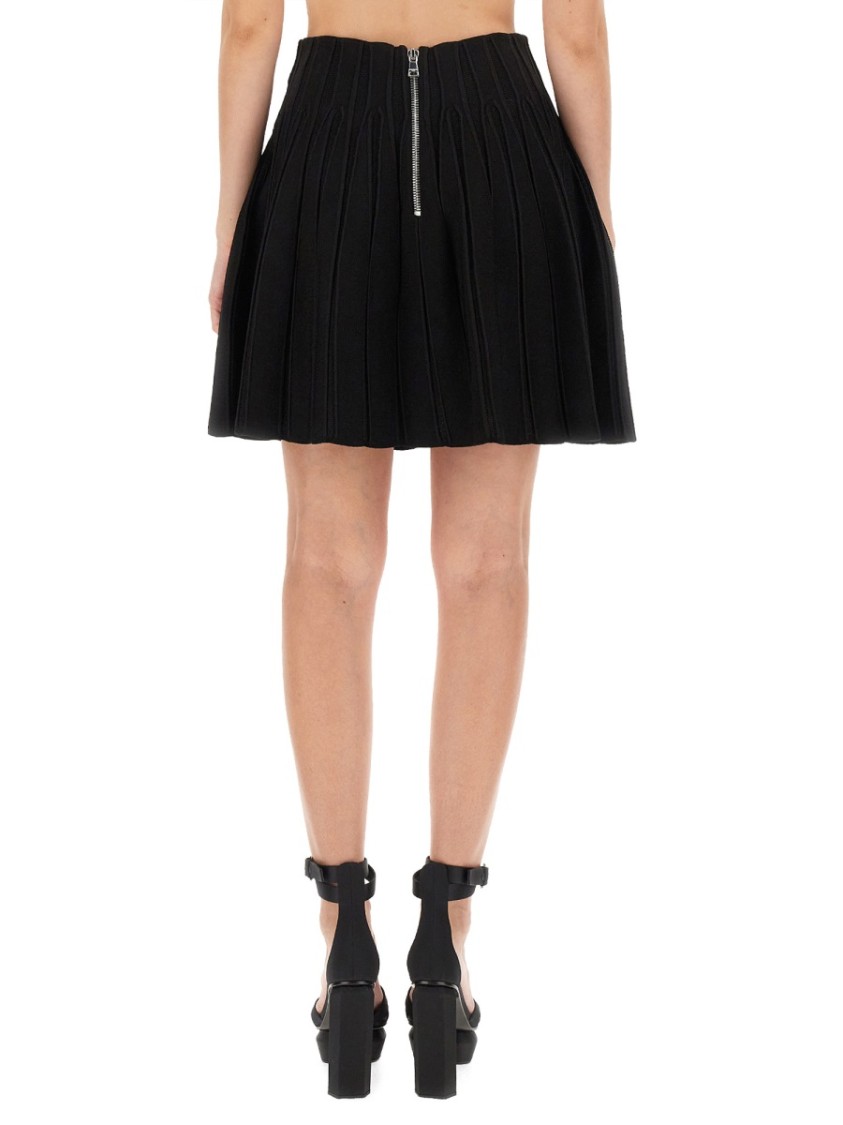 Balmain Double-breasted Rib Knit Flare Mini Skirt In Black
