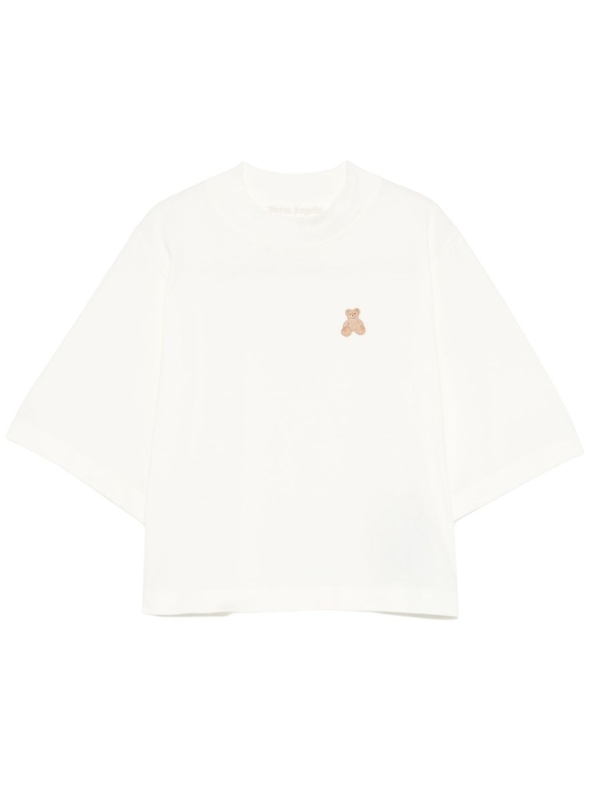 Shop Palm Angels White T-shirt With Cropped Fit And Embroidered Bear Motif