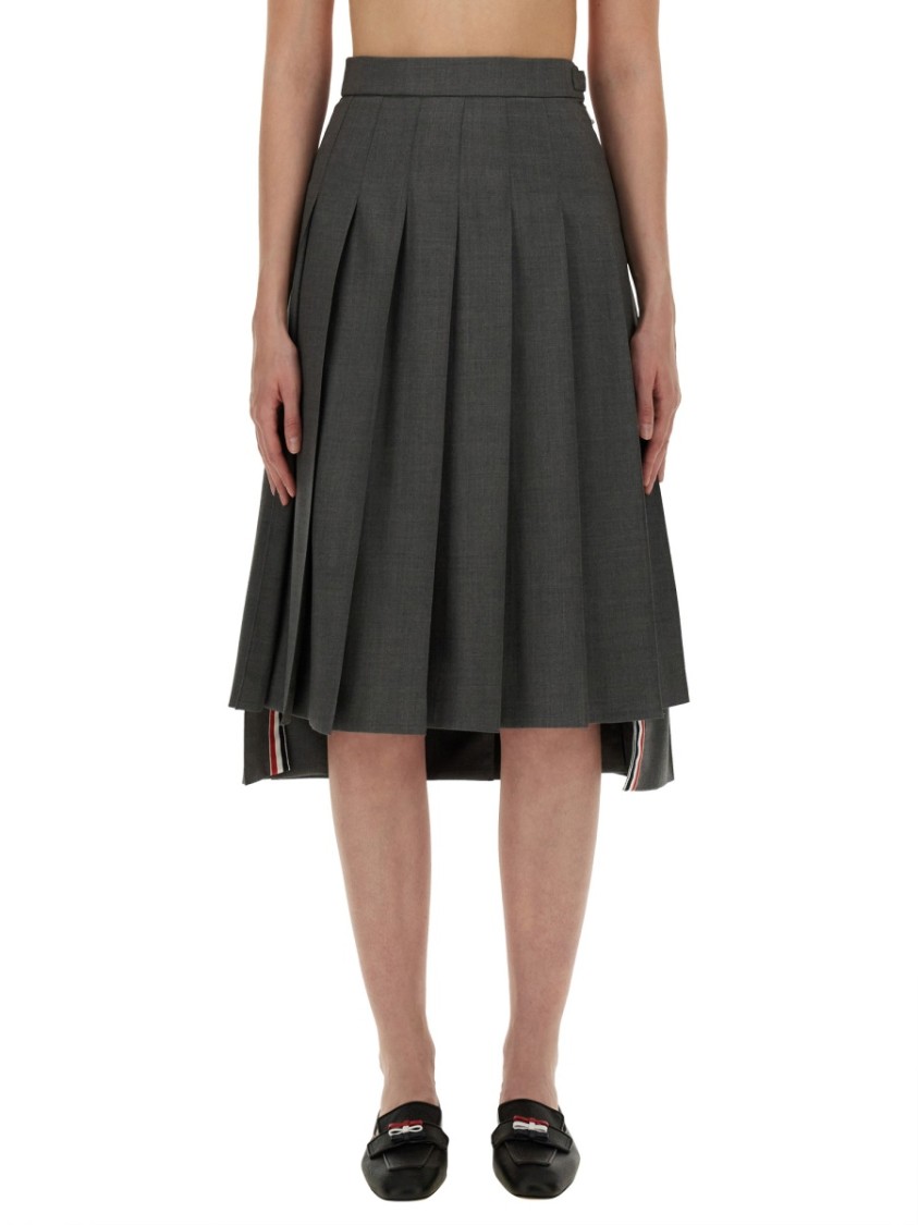 Shop Thom Browne Pleated Grey Midi Skirt With High-low Hem