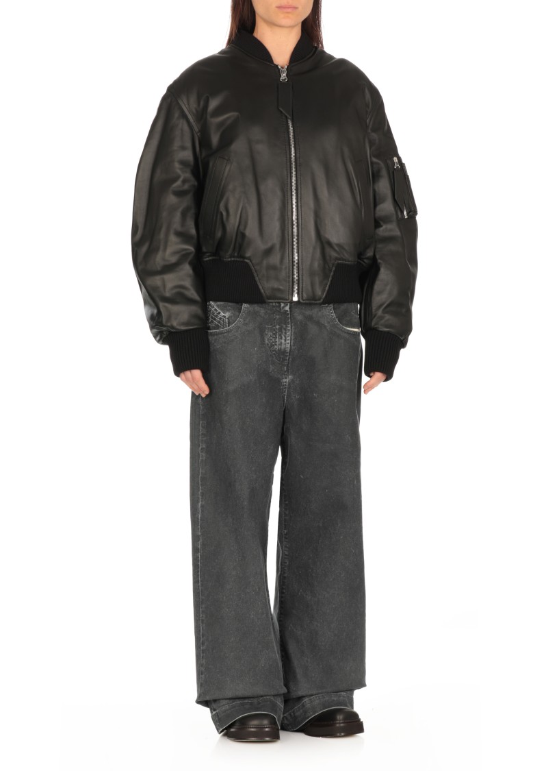 Attico Black Leather Bomber Jacket In Black