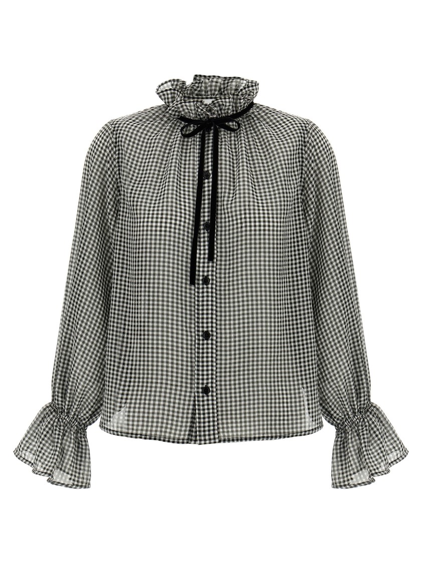 Ganni Vichy Print Shirt With Ruffled Collar In Gray