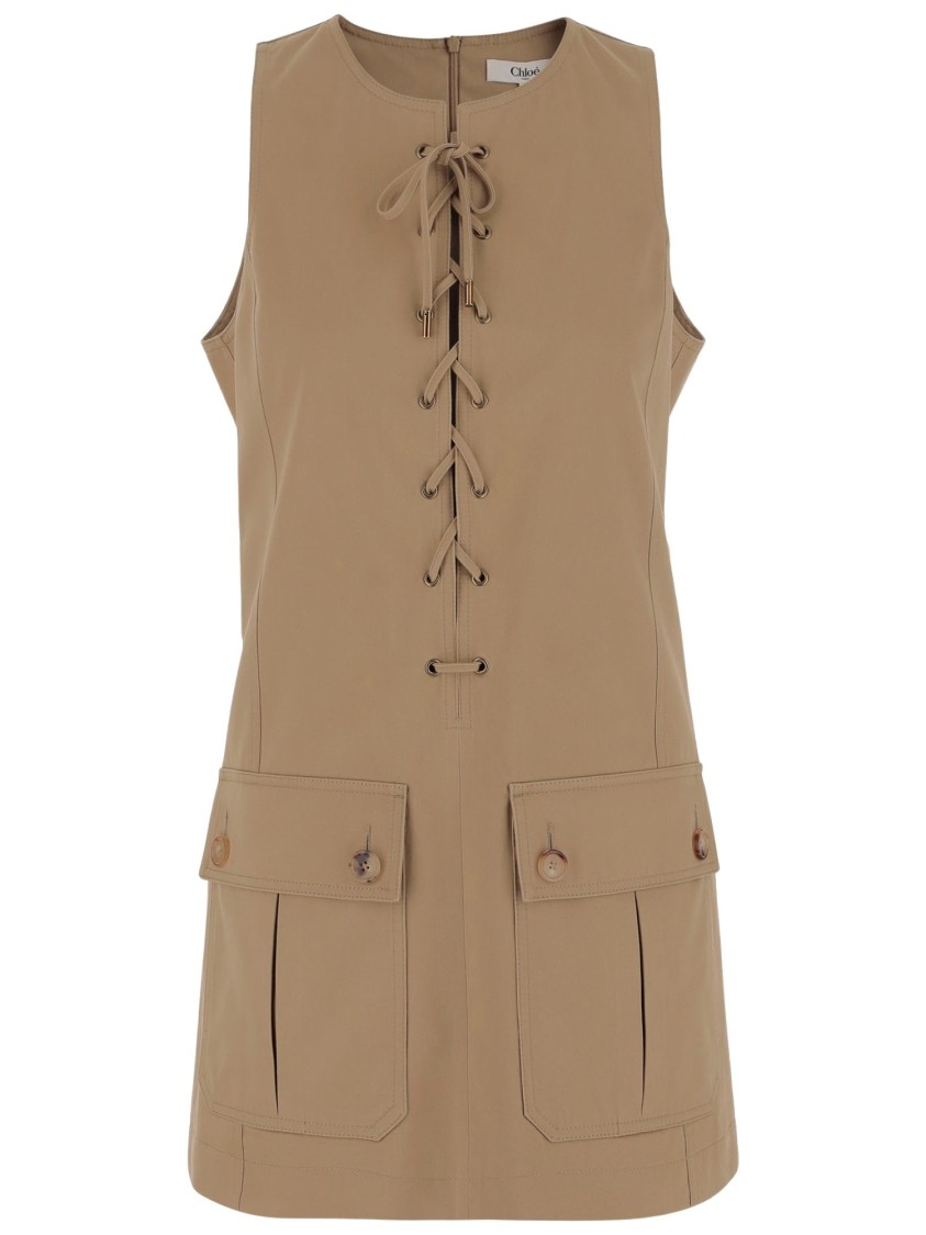Chloé Satin Cotton Dress With Button And Slit In Neutrals