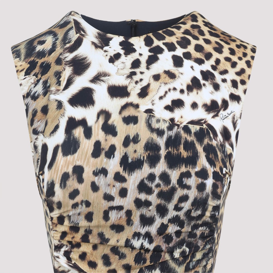 ROBERTO CAVALLI ROBERTO CAVALLI NATURAL BEIGE JAGUAR PRINT MIDI DRESS