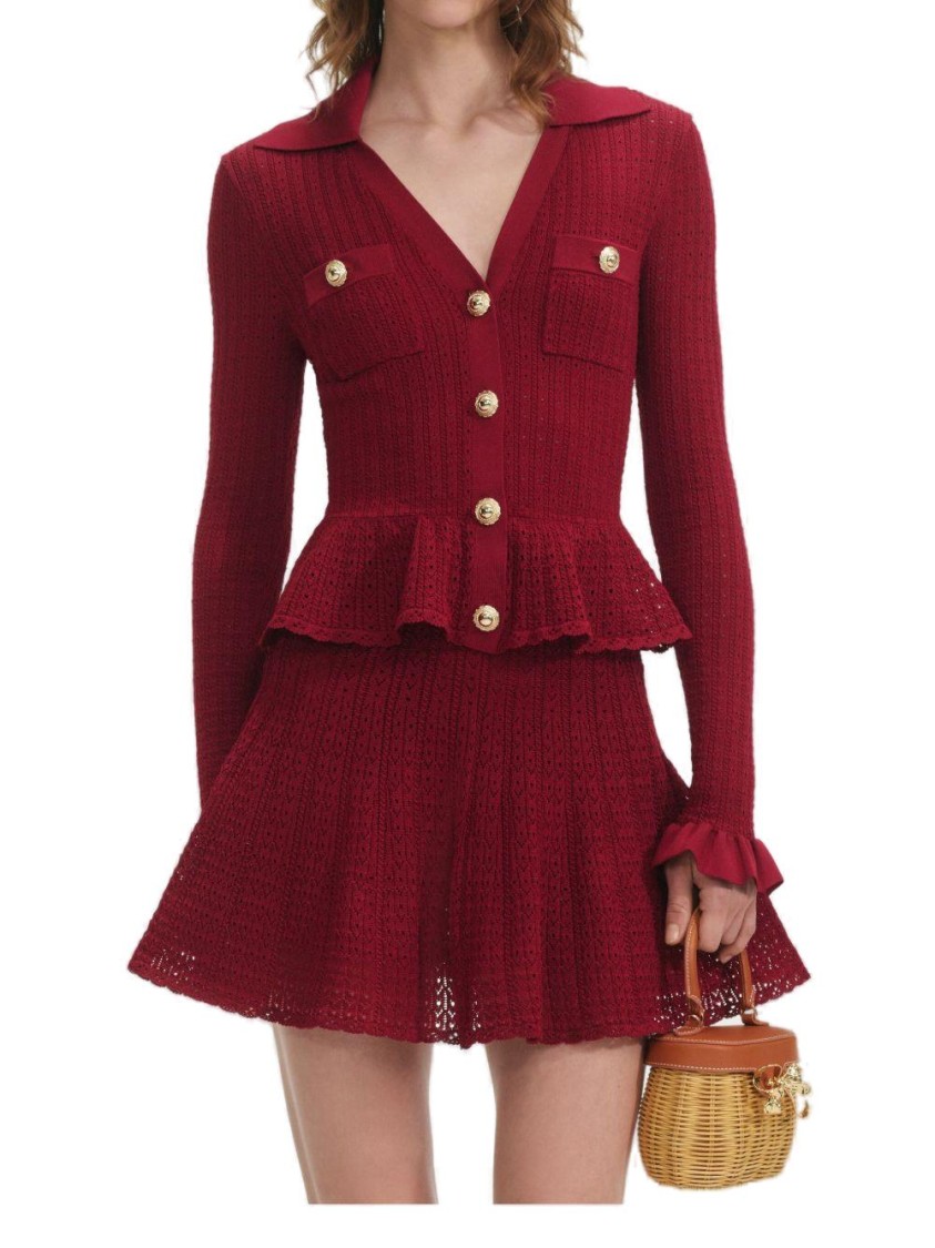 Self-portrait Burgundy Mini Dress With V-neck And Flared Hem In Red