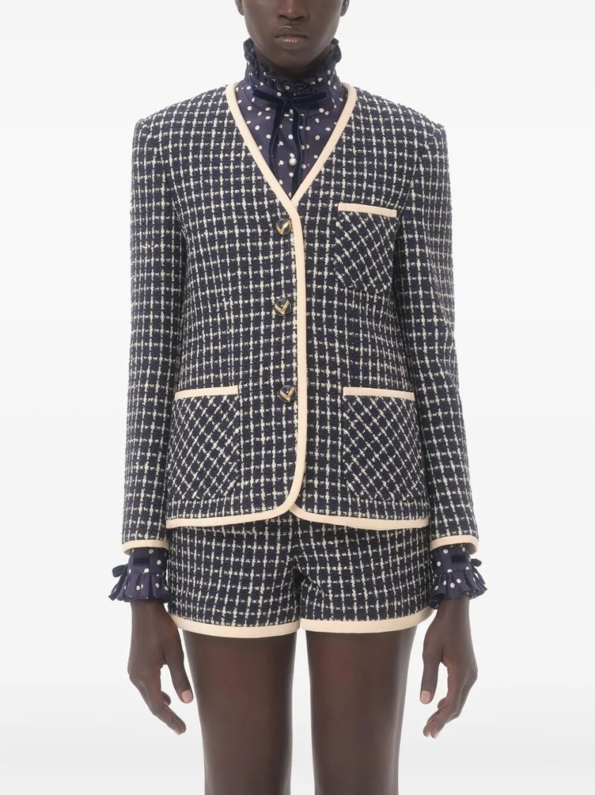 Valentino Boucle Wool Blend Jacket With Contrast Trim In Blue