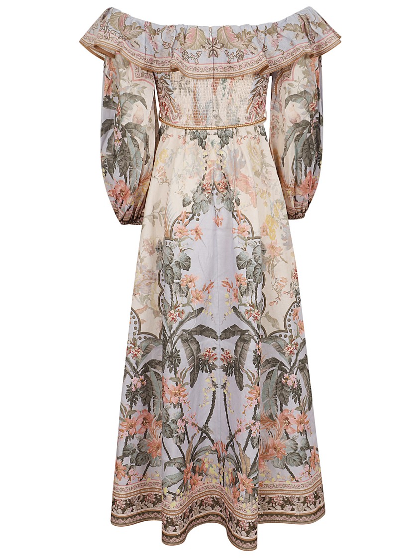 Zimmermann Wylie Off-the-shoulder Belted Floral-print Linen Midi Dress In Multicolor