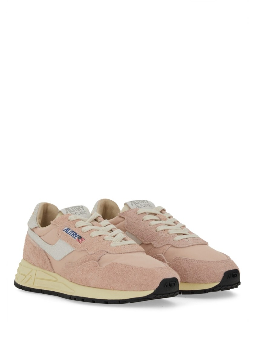 Autry Reelwind Low Nylon And Leather Craquele Pepper And White Sneakers In Pink