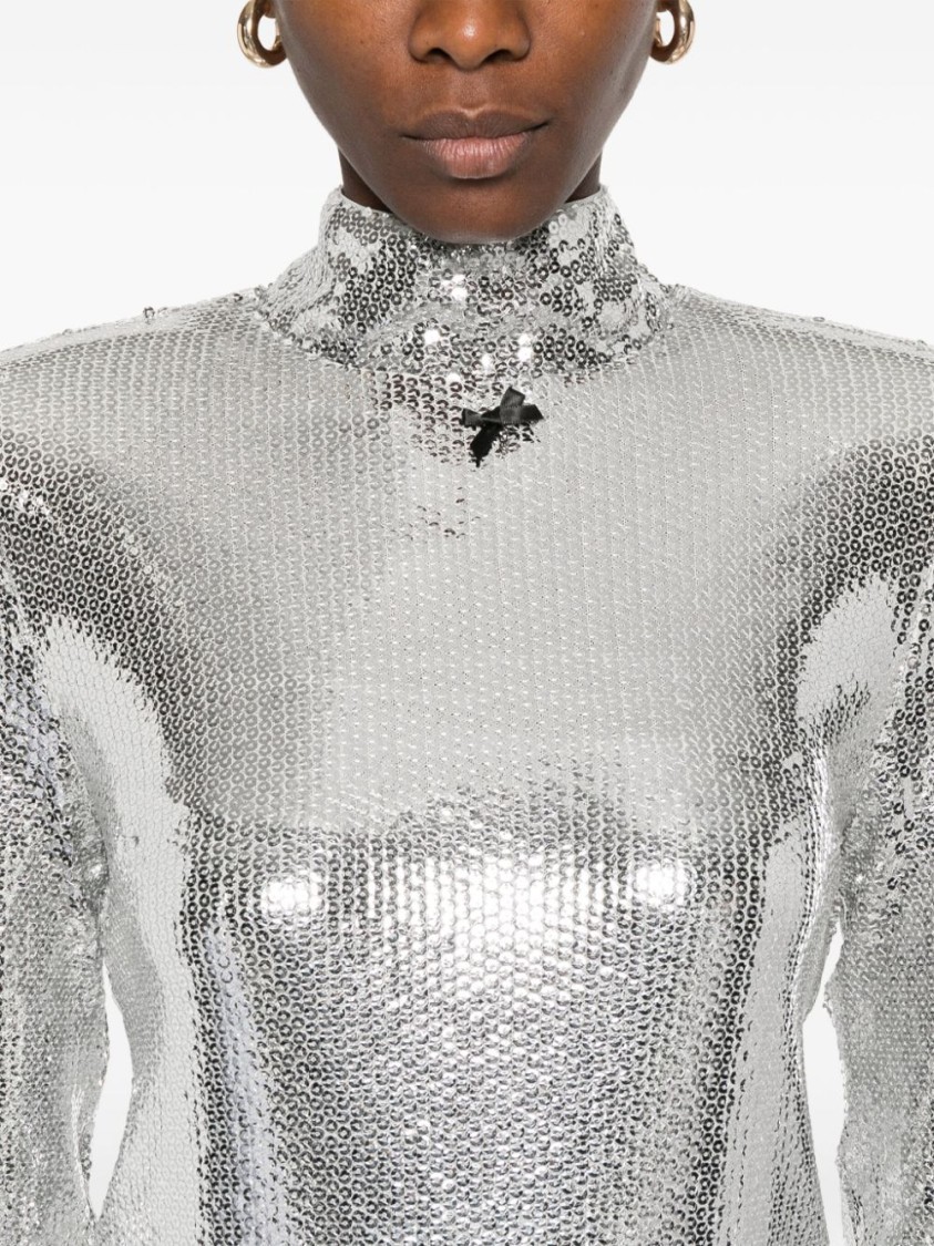 Rotate Birger Christensen High-collar Sequinned Top In Silver