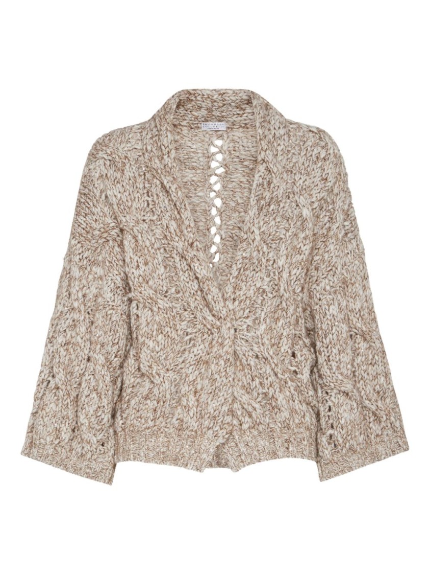 Brunello Cucinelli Chunky Knit Sweater With Deep V-neckline And Cable Design In Multi