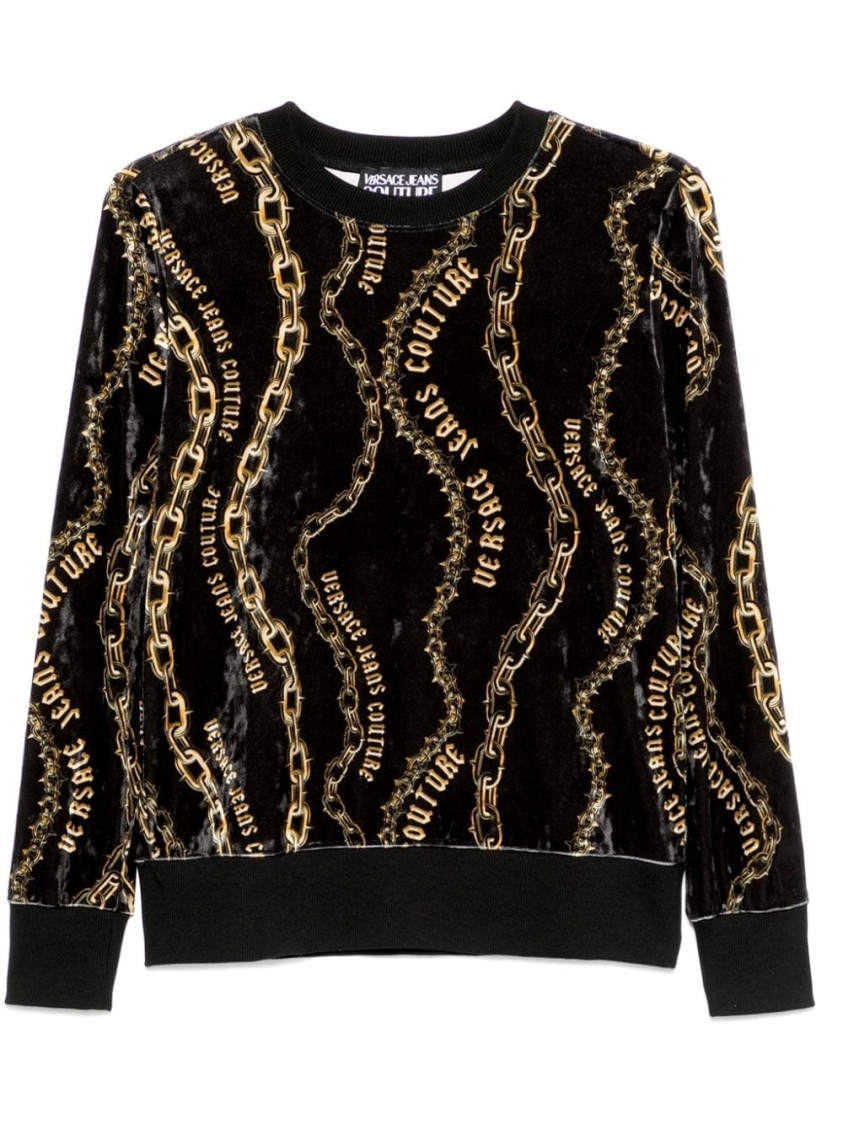 Shop Versace Jeans Couture Velvet Black Sweatshirt With Chain Pattern