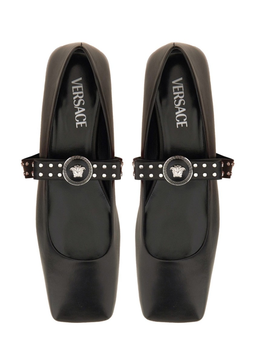 Versace Gianni Ribbon Leather Ballerina Flats With Studded Bow In Black