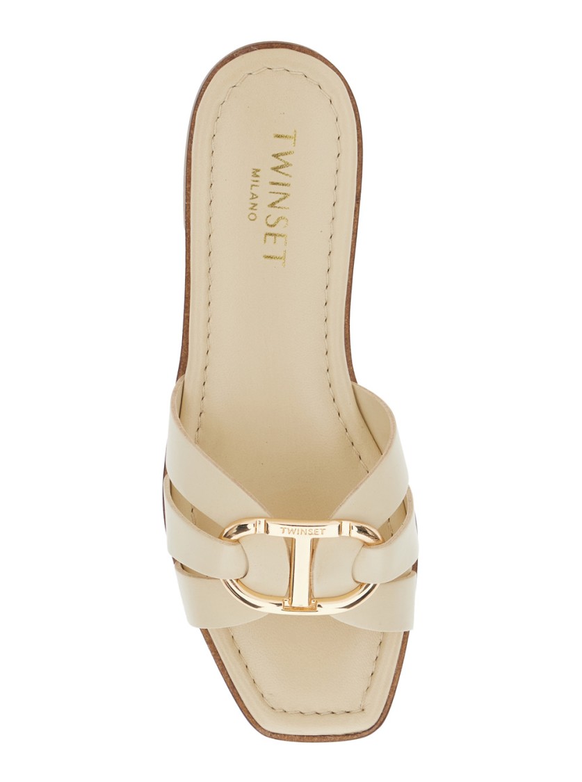 Shop Twinset Twin-set Beige Sandals With Logo Plaque