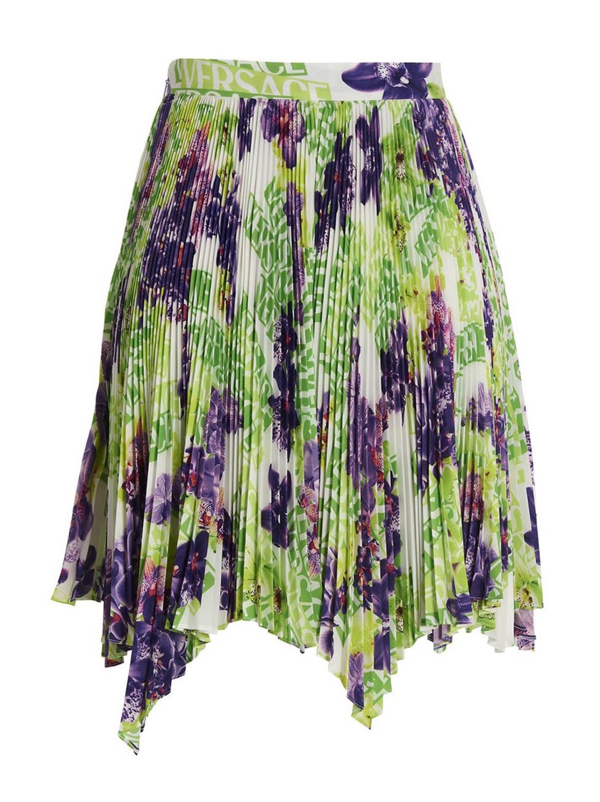 Versace Logo Orchid-print Pleated Asymmetric Skirt In Green