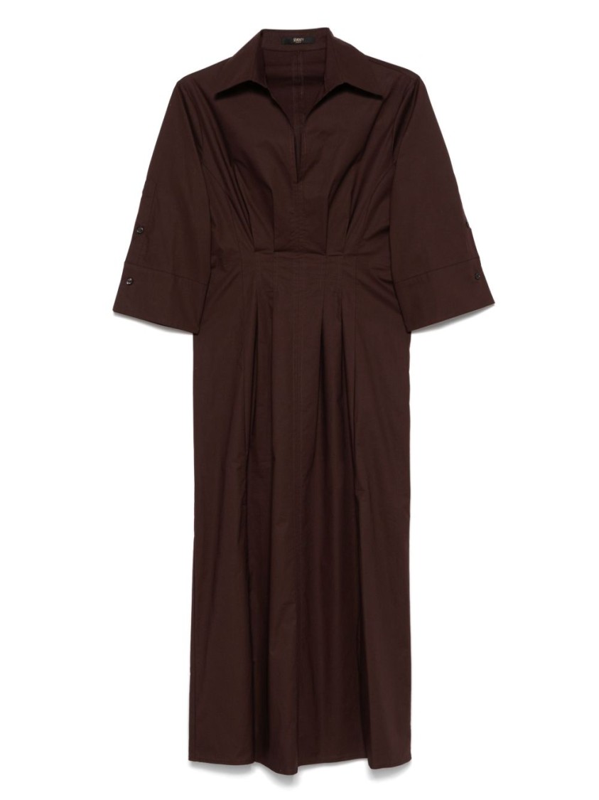 Seventy Chocolate Brown Popelin Dress With Pleat Detailing And Side Slits In Brown