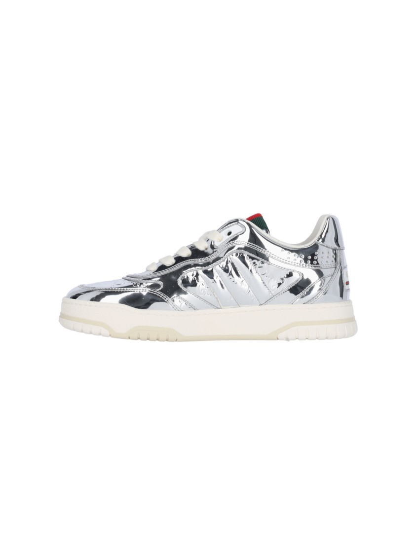 Gucci Metallic Leather "re-web" Sneakers – Silver In Silver