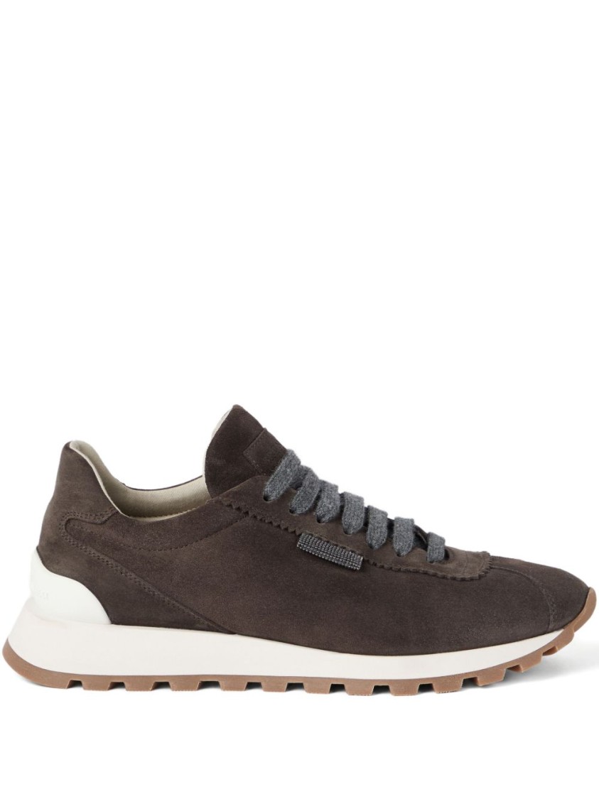 Brunello Cucinelli Brown Low Top Sneakers With Monil Detail On The Side And Embossed Logo Lettering On The Rear In Leat In Brown