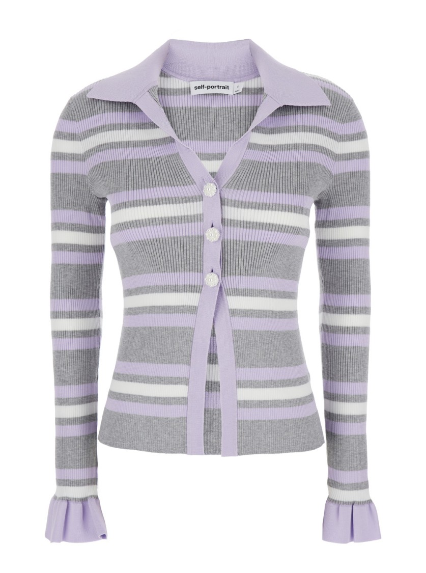 Self-portrait Grey Cardigan With Spread Collar And All-over Striped Motif In Viscose Blend Woman In Gray