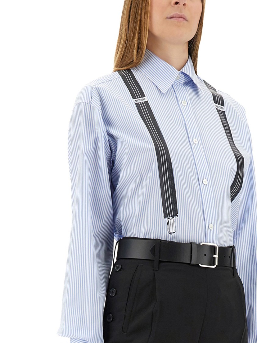Moschino Couture Light Blue Cotton Striped Shirt With Decorative Straps In Blue