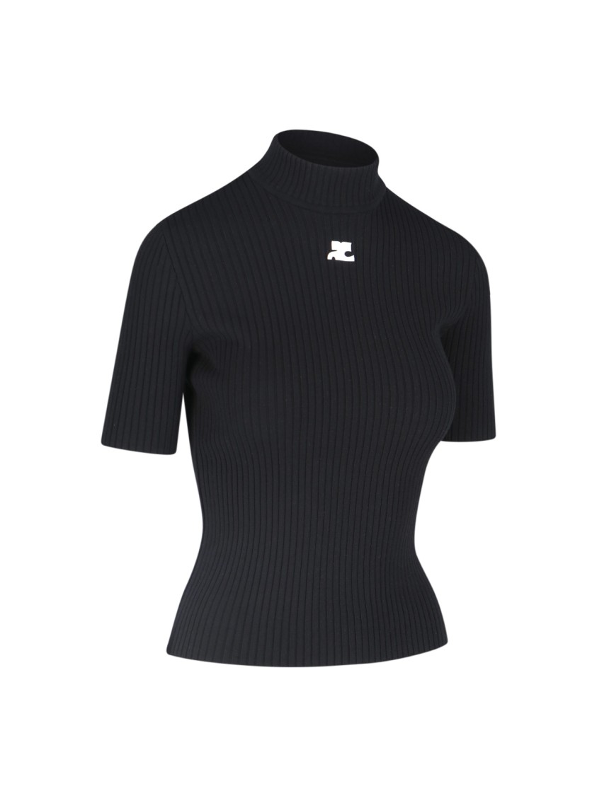 Courrèges Reedition Short Sleeves Rib Knit Sweater In Black