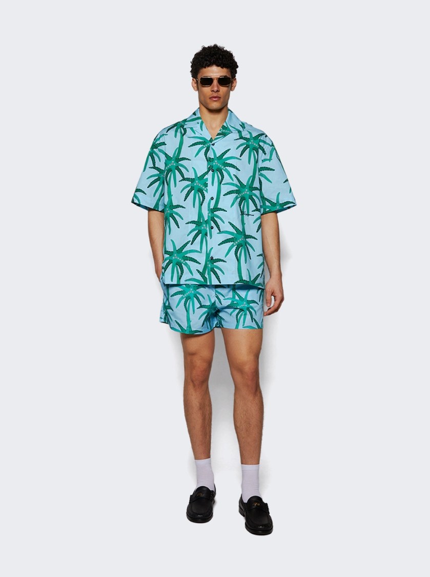 Jacquemus 'la Chemise Jean' Light Blue Shirt With Notched Collar And All-over Palm Tree Print