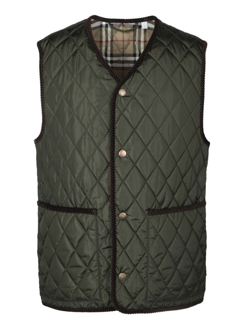 Shop Burberry Quilted Green Gilet With Distinctive Button Closure In Black