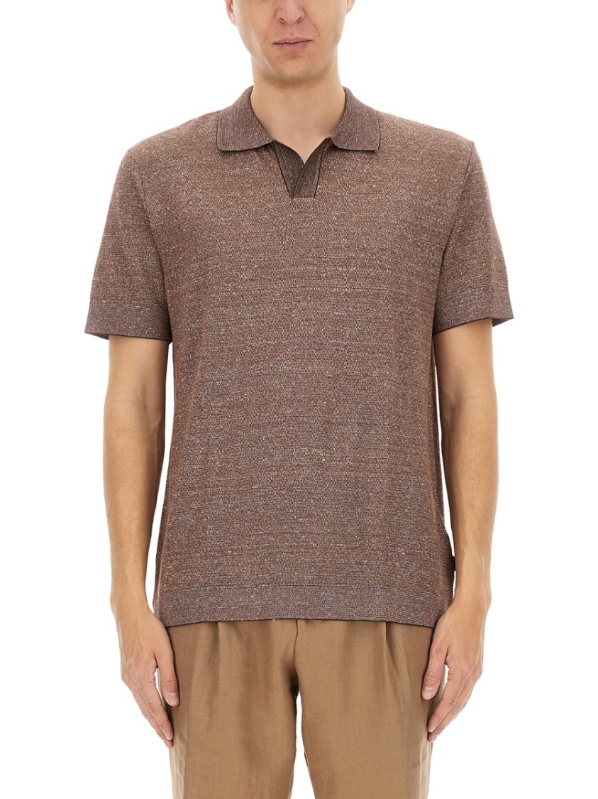 BOSS CAMEL BOSS CAMEL TEXTURED KNIT POLO SHIRT 