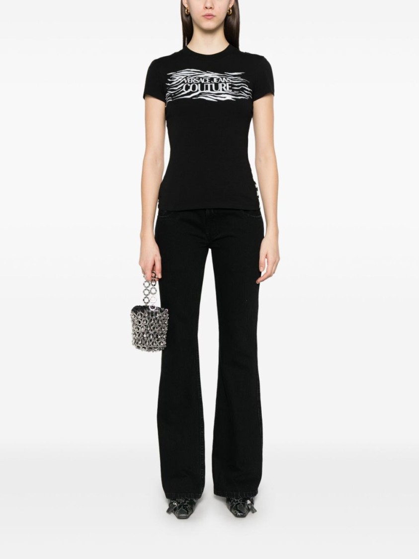 Shop Versace Jeans Couture Black T-shirt With Zebra Print Sheer Panel