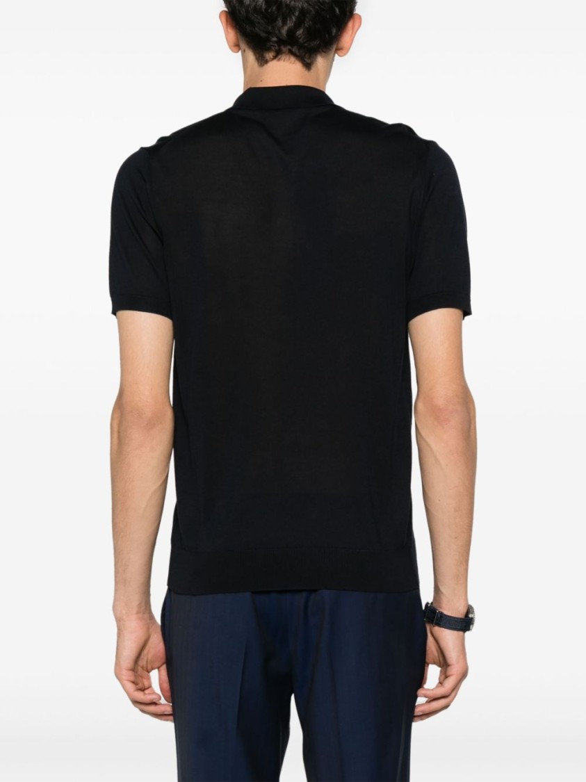 Corneliani Silk Polo-design Black Sweater With Soft Collar In Black
