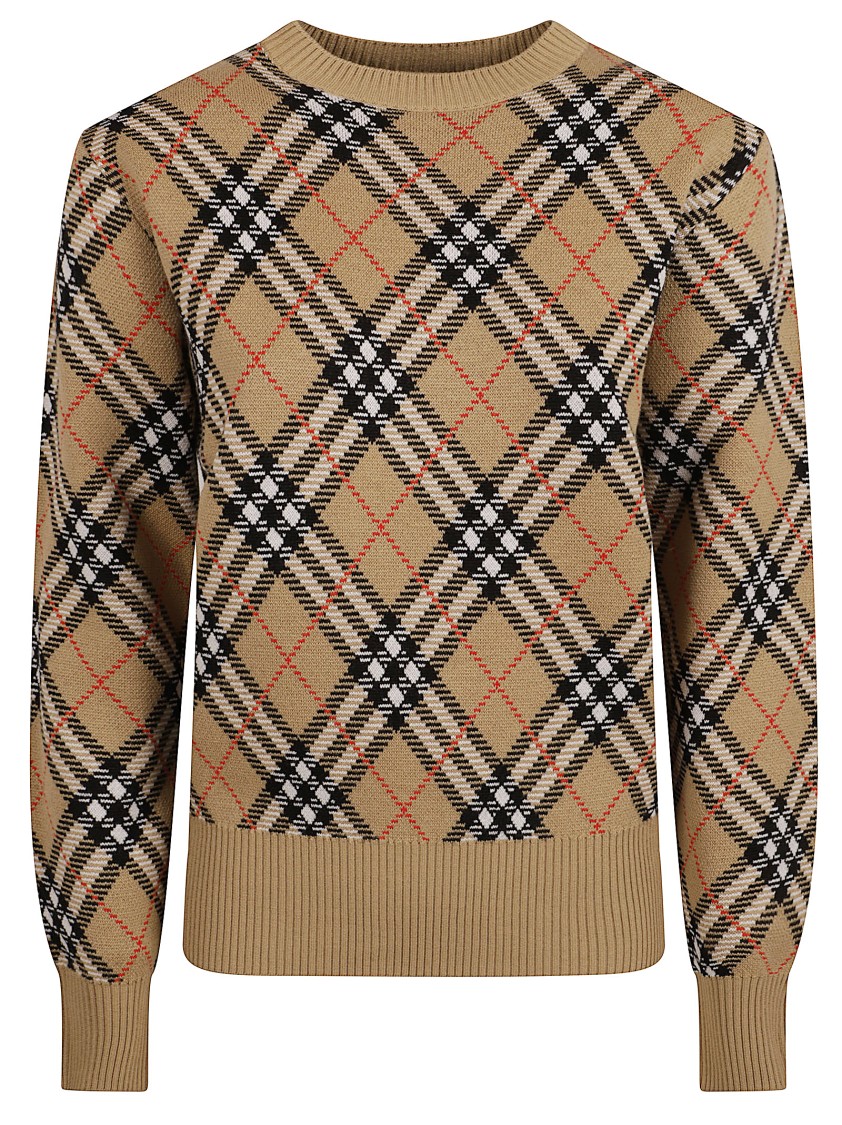 Burberry Plaid Crewneck Sweater With Ribbed Trims In Neutral