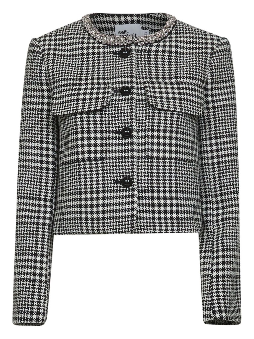 Self-portrait Cropped Houndstooth Jacket With Flap Chest Pockets In Black