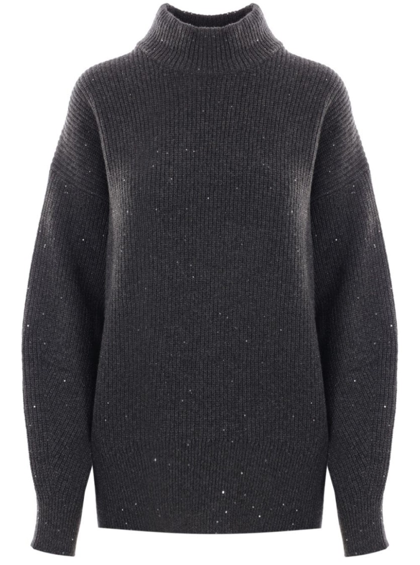 Brunello Cucinelli Ribbed Mock Neck Sweater With Subtle Sparkling Accents In Gray