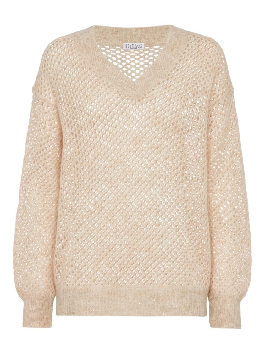Brunello Cucinelli Deep V-neck Open Knit Sweater In Neutral