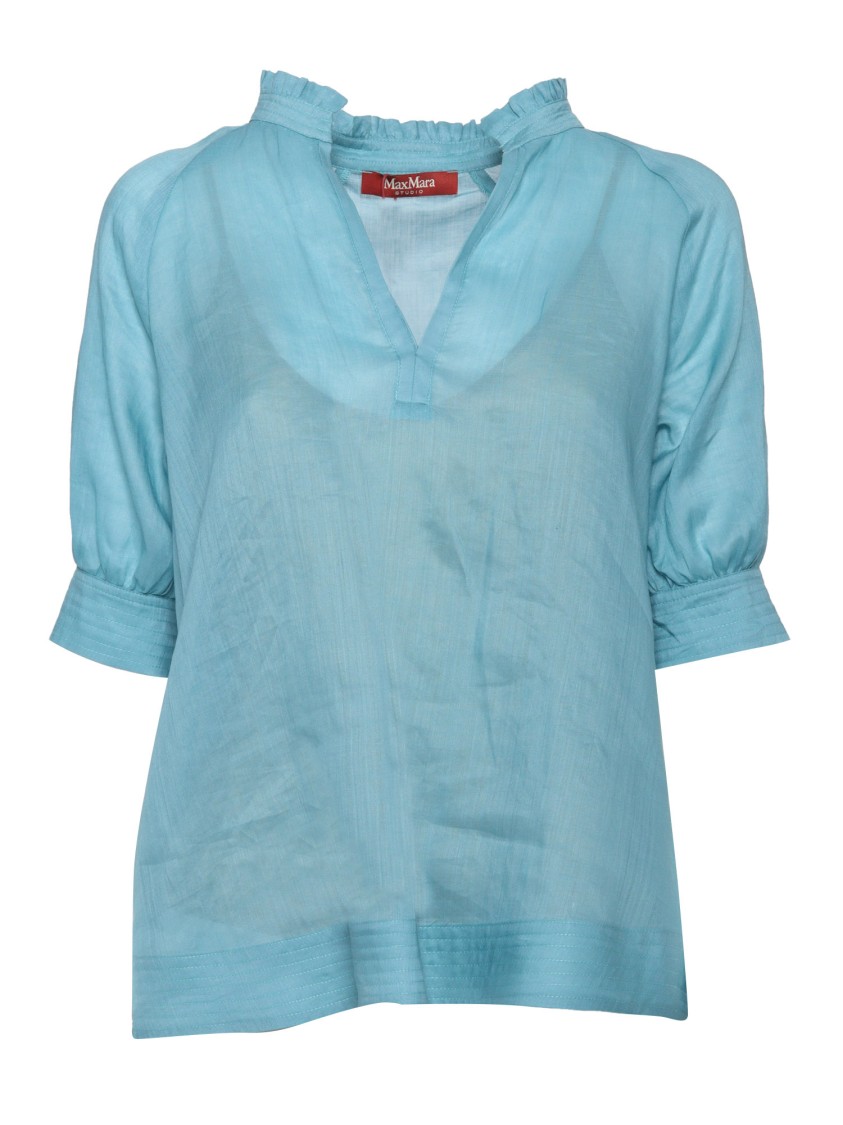 Max Mara Relaxed Fit Tunic With Delicate Ruffle Collar In Blue