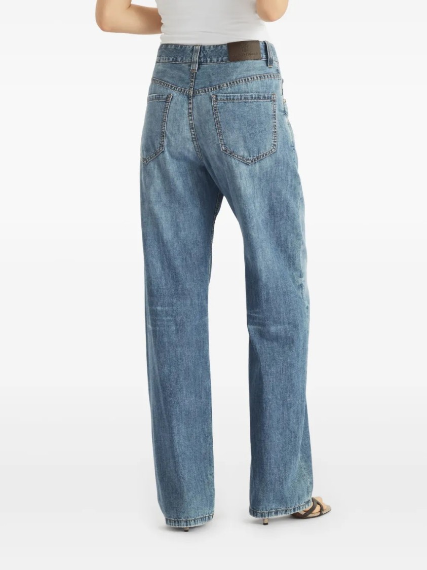 Brunello Cucinelli Wide-leg Blue Jeans With Whiskering Effect And Classic Five-pocket Design In Blue