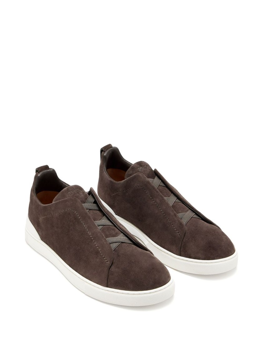 Shop Zegna Coffee Brown Leather Sneakers With Elasticated Straps In Neutrals