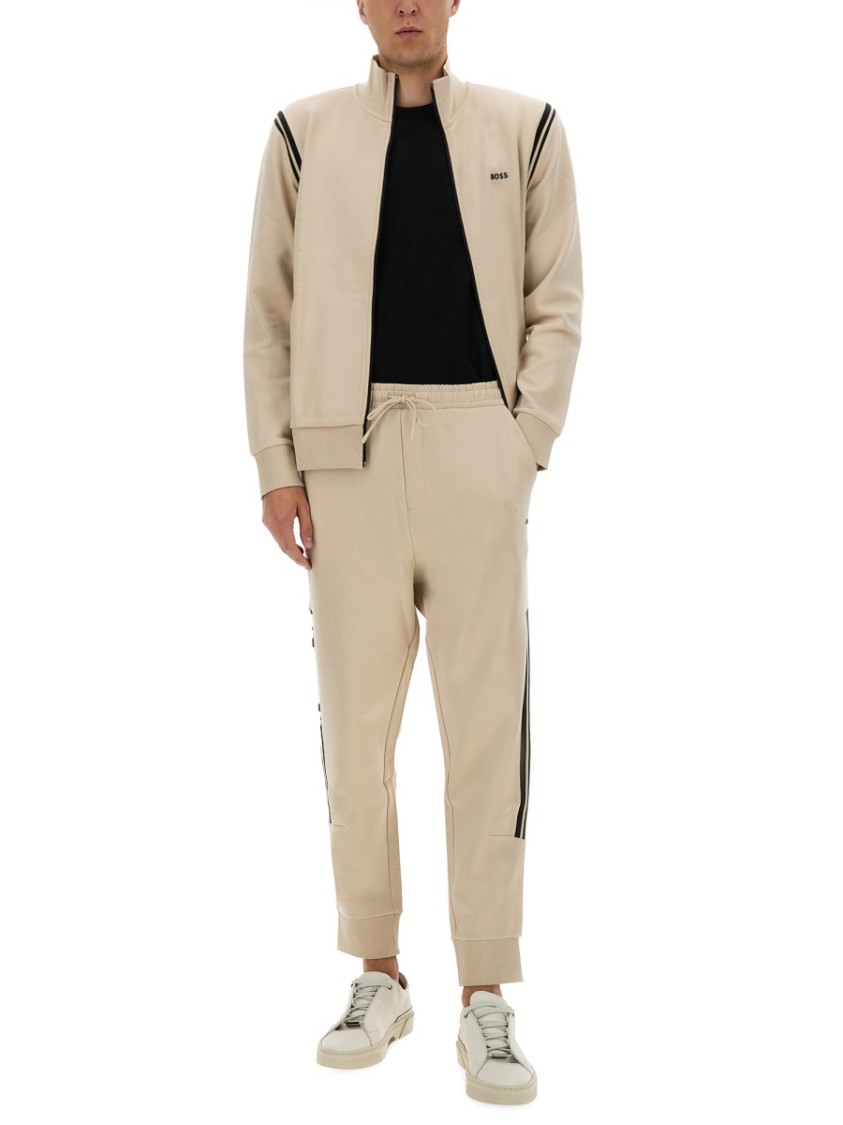 Hugo Boss Boss Zip-up Activewear Set With Contrasting Stripes In Brown