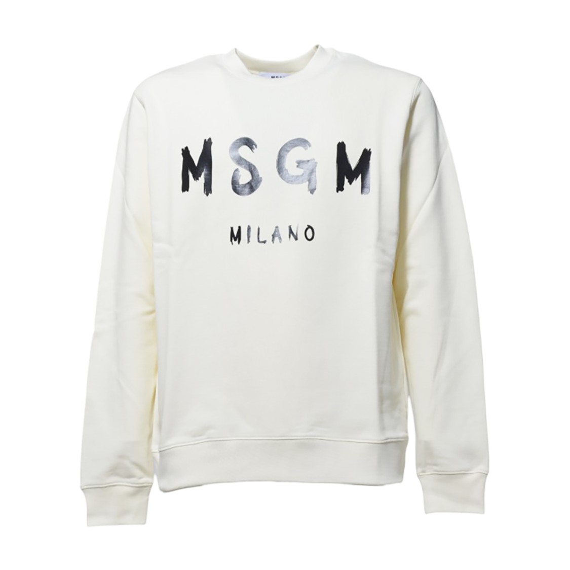 Msgm Cream Cotton Crewneck Sweatshirt With Brush Logo Print In Neutral
