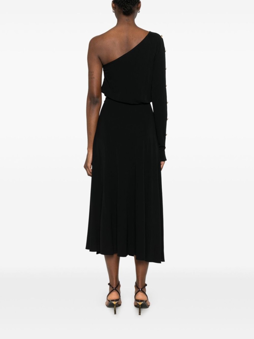 Shop Elisabetta Franchi Flowing One-shoulder Black Dress With Decorative Buttons