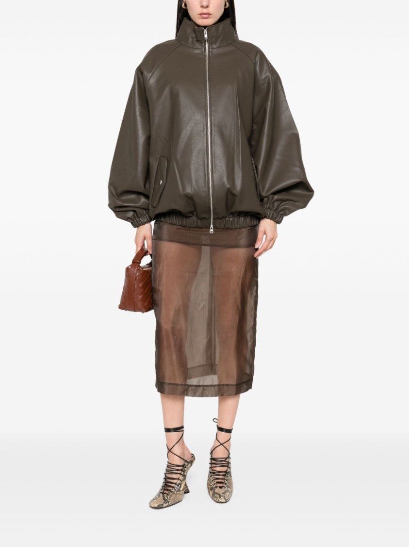 The Frankie Shop Oversized Faux Leather Bomber Jacket With Puff Sleeves In Brown