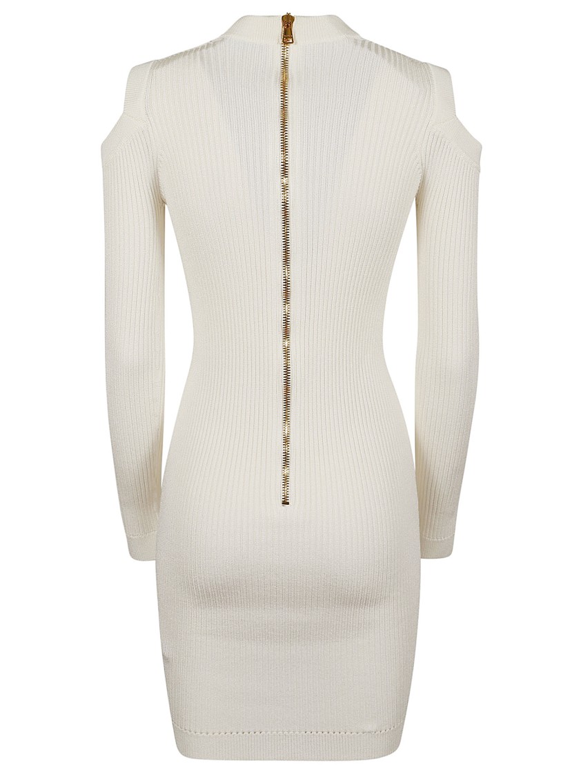 Shop Balmain Ls Db Col Shoulder Cut Knit Dress In White