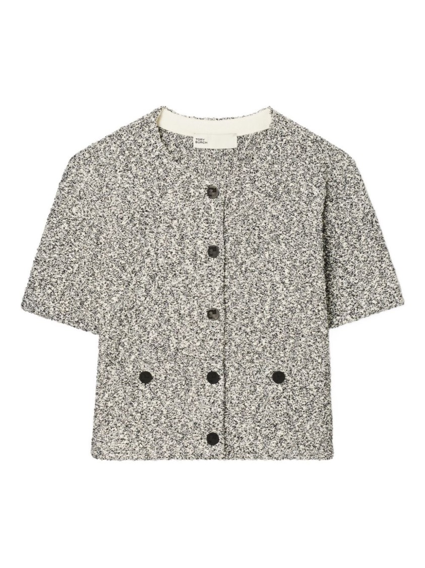 Tory Burch Speckled Tweed Knitwear With Button Front And Practical Pockets In Gray