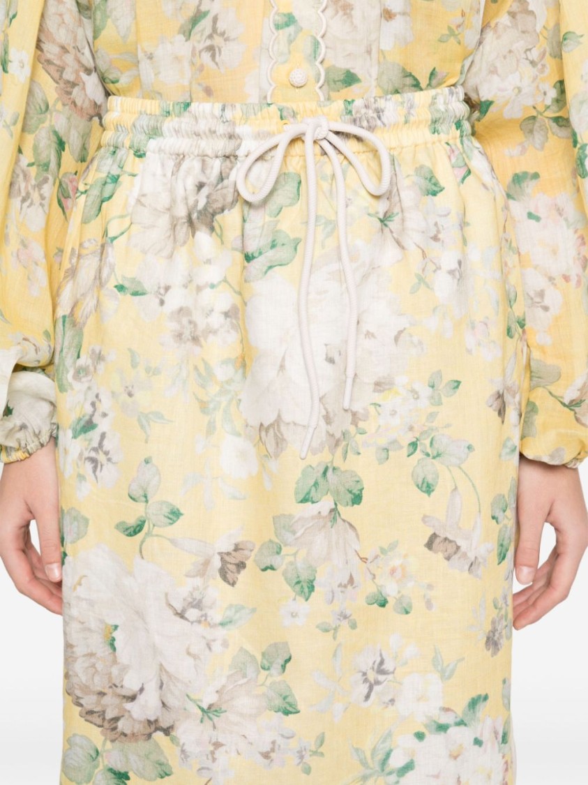 Zimmermann Acacia Scalloped Floral-print Linen Midi Skirt In Neutrals