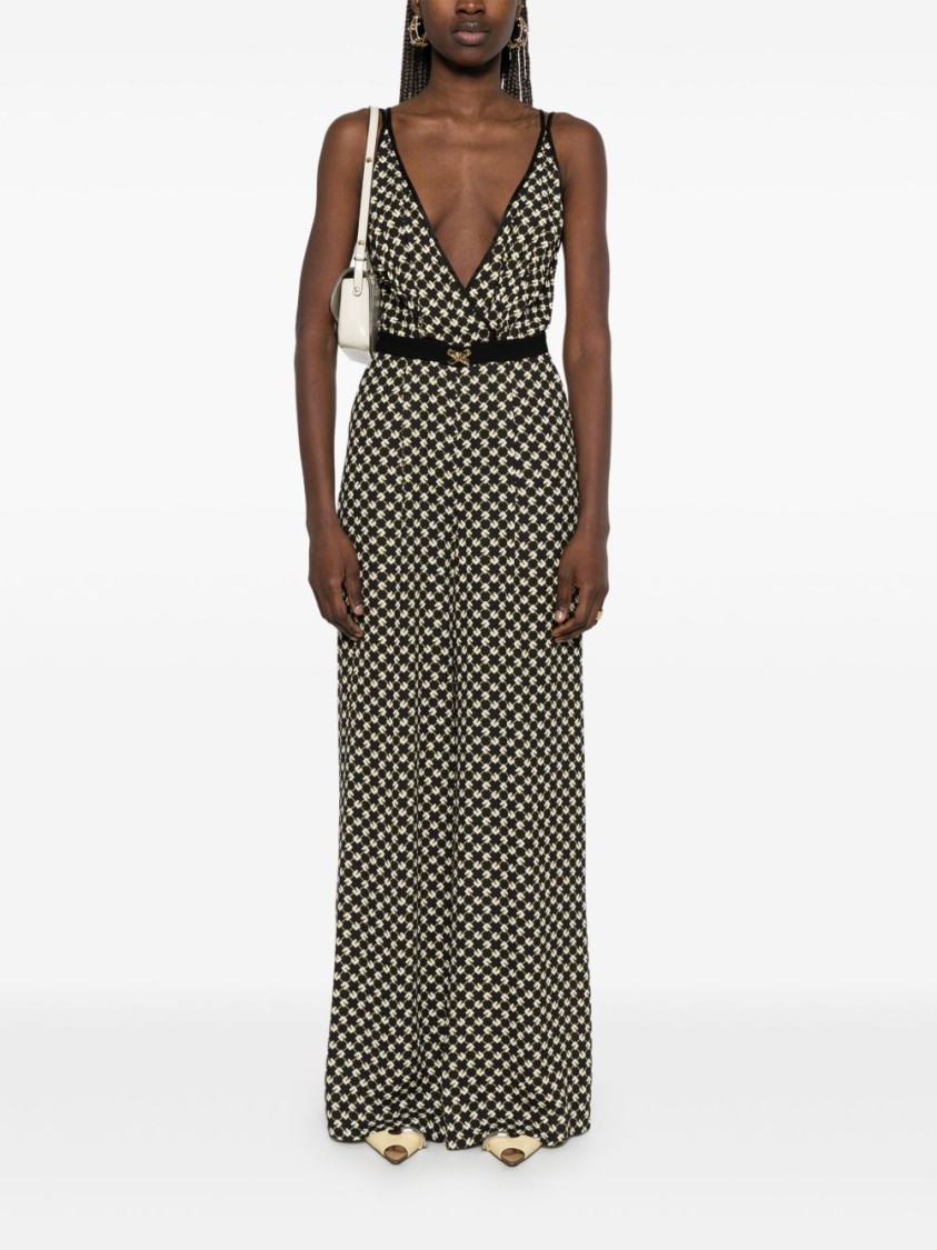 Elisabetta Franchi Black Pattern Jumpsuit With Rear Crossover Neck In Black
