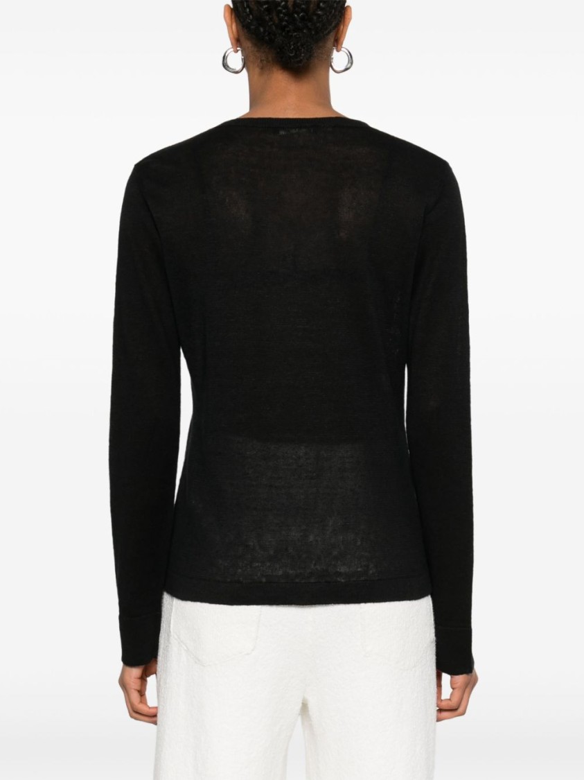 Max Mara V-neck Black Linen Sweatshirt With Cropped Hem In Black